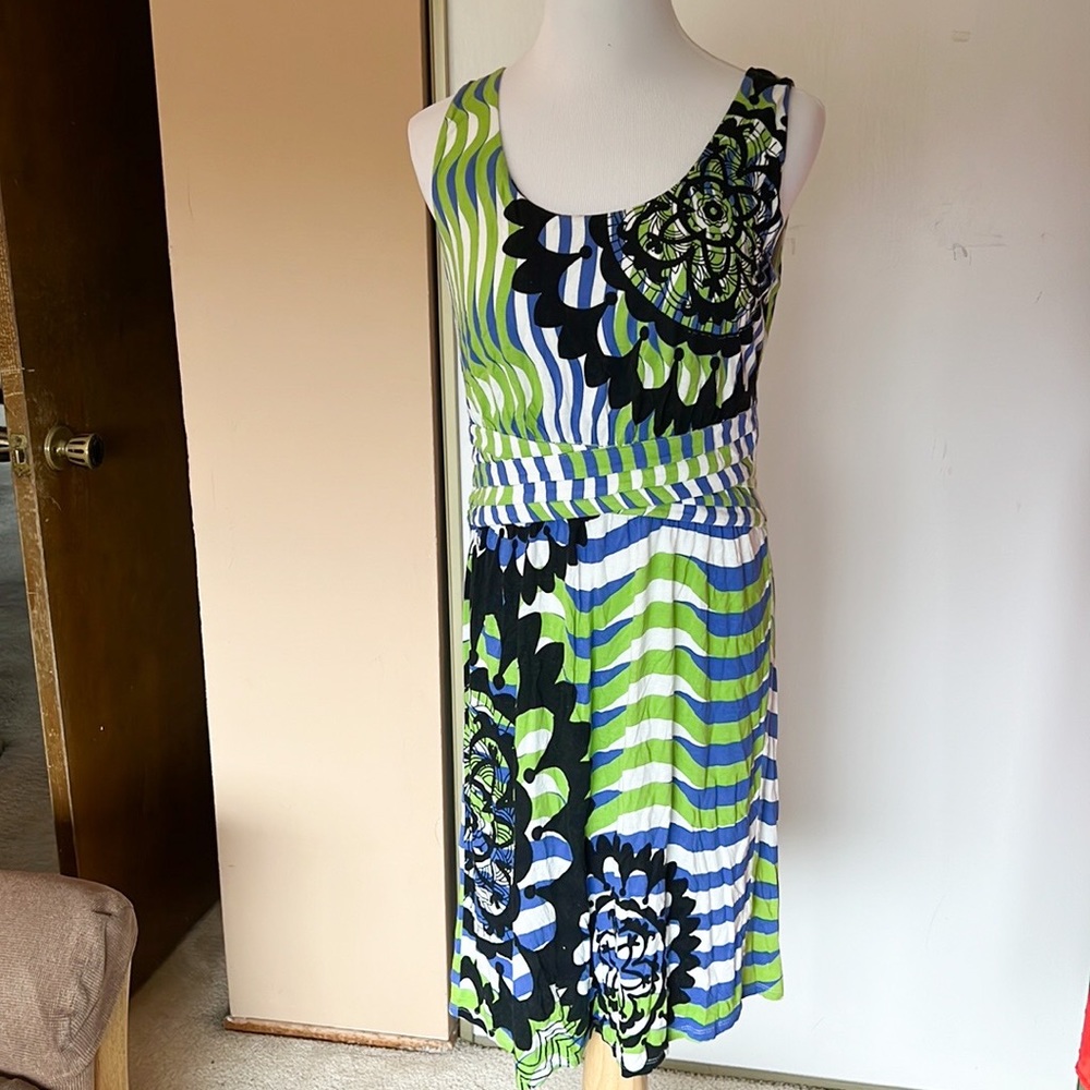 Desigual Green and Blue Striped Floral Midi Dress. Size M